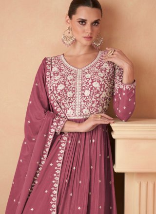Embroidered Work Chinon Palazzo Salwar Suit In Pink for Ceremonial