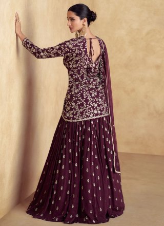 Embroidered Work Chinon Readymade Lehenga Choli In Wine for Ceremonial