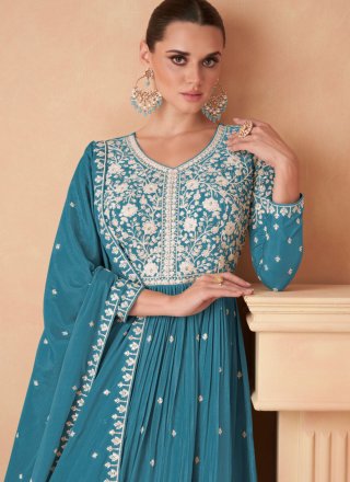 Embroidered Work Chinon Readymade Salwar Suit In Aqua Blue for Ceremonial