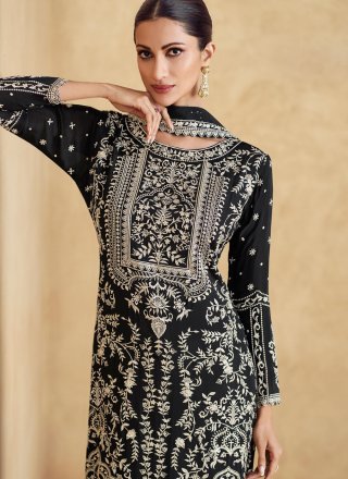 Embroidered Work Chinon Readymade Salwar Suit In Black for Ceremonial