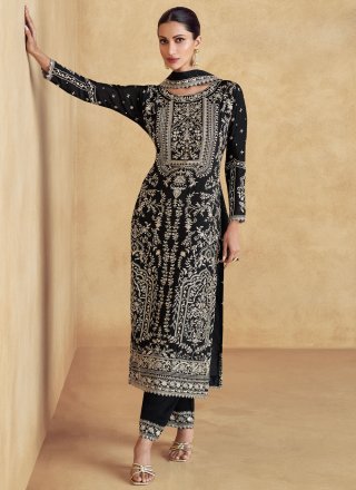 Embroidered Work Chinon Readymade Salwar Suit In Black for Ceremonial