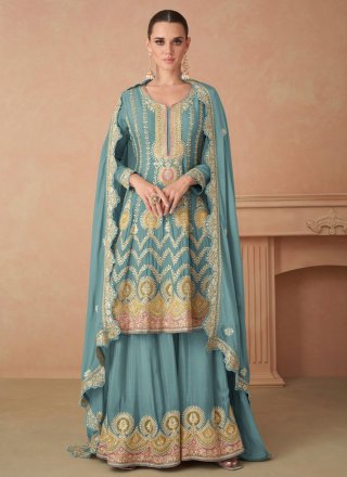 Embroidered Work Chinon Salwar Suit In Aqua Blue for Engagement