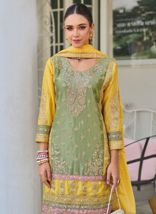 Embroidered Work Chinon Salwar Suit In Green for Engagement