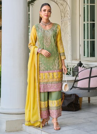 Embroidered Work Chinon Salwar Suit In Green for Engagement
