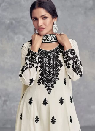 Embroidered Work Chinon Salwar Suit In Off White