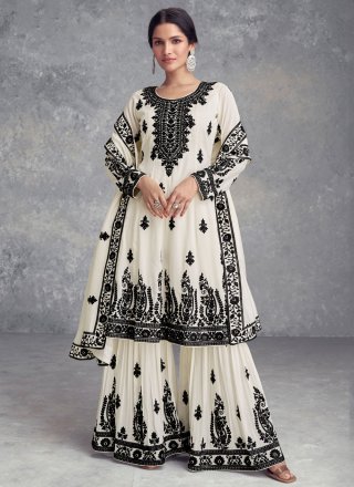 Embroidered Work Chinon Salwar Suit In Off White