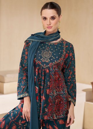 Embroidered Work Chinon Salwar Suit In Rama