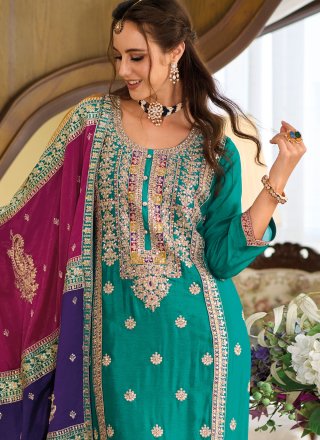Embroidered Work Chinon Salwar Suit In Rama for Ceremonial