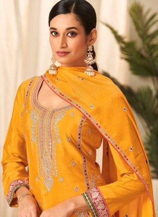 Embroidered Work Chinon Salwar Suit In Yellow