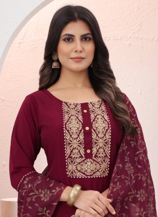 Embroidered Work Chinon Trendy Suit In Maroon