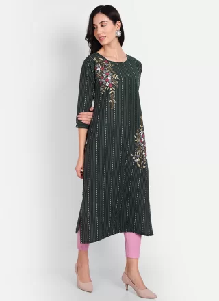 Embroidered Work Cotton Casual Kurti In Green