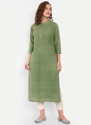 Embroidered Work Cotton Casual Kurti In Green for Casual