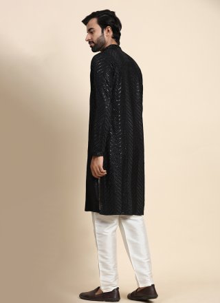 Embroidered Work Cotton Kurta Pyjama In Black