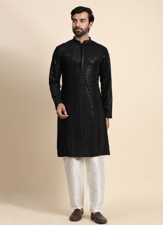 Embroidered Work Cotton Kurta Pyjama In Black