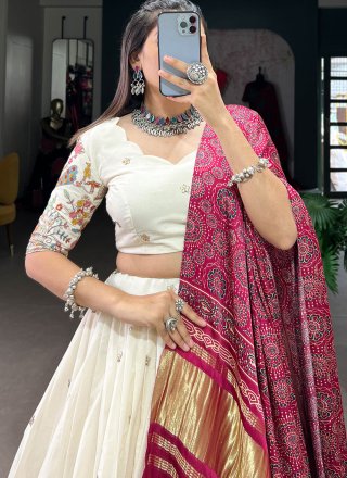 Embroidered Work Cotton Lehenga Choli In White for Ceremonial