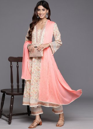 Embroidered Work Cotton Pant Style Suit In Off White