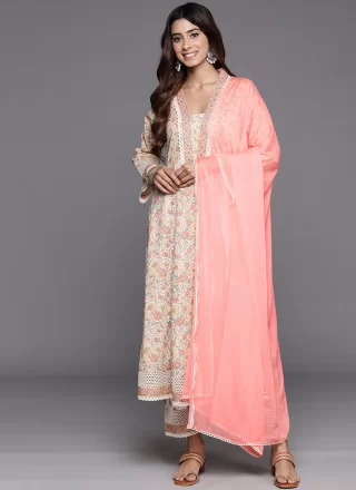 Embroidered Work Cotton Pant Style Suit In Off White