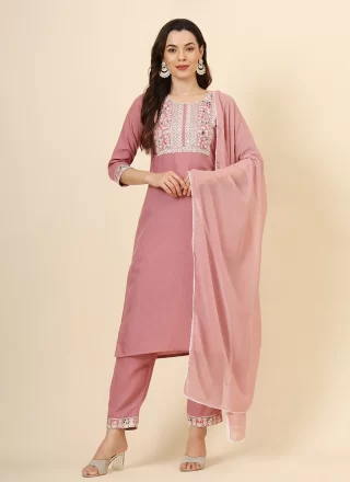 Embroidered Work Cotton Pant Style Suit In Pink
