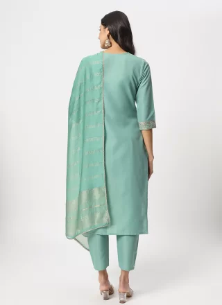 Embroidered Work Cotton Pant Style Suit In Sea Green