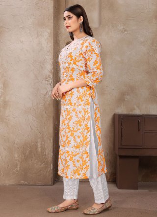 Embroidered Work Cotton Party Wear Kurti In Orange