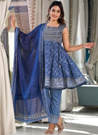 Embroidered Work Cotton Salwar Suit In Blue
