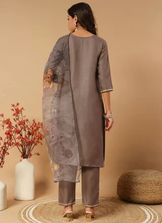 Embroidered Work Cotton Salwar Suit In Brown and Grey