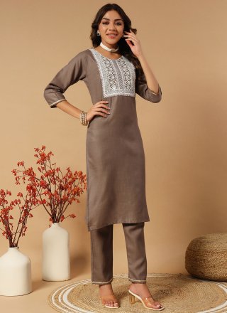Embroidered Work Cotton Salwar Suit In Brown and Grey