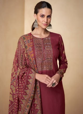 Embroidered Work Cotton Salwar Suit In Maroon for Ceremonial