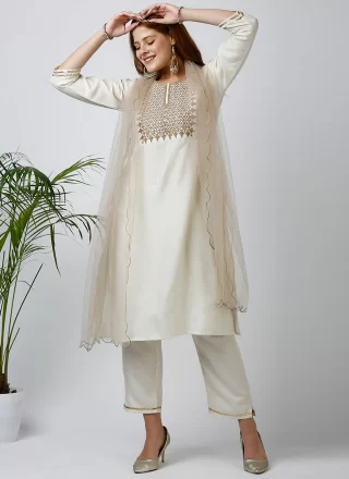 Embroidered Work Cotton Salwar Suit In White