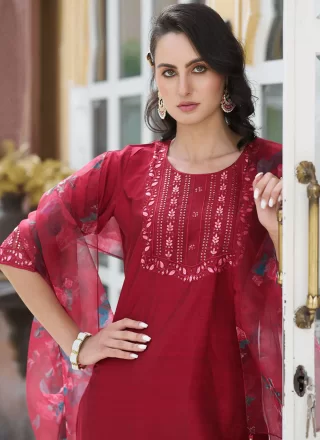 Embroidered Work Cotton Silk Trendy Suit In Red