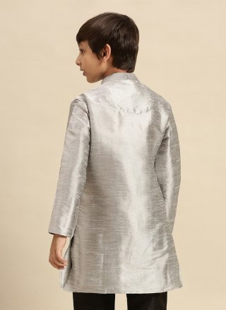 Embroidered Work Dupion Silk Angrakha Kids Wear In Grey