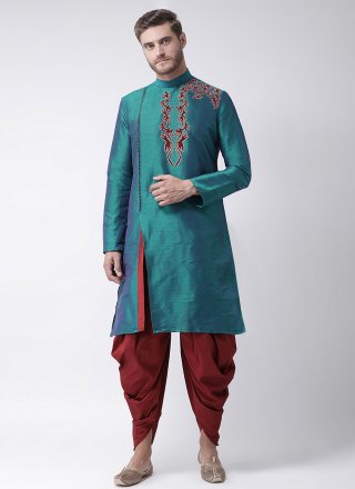 Embroidered Work Dupion Silk Angrakha Mens Wear In Sea Green for Engagement