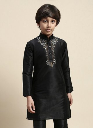 Embroidered Work Dupion Silk Kurta Pyjama In Black