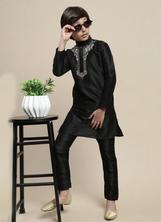 Embroidered Work Dupion Silk Kurta Pyjama In Black