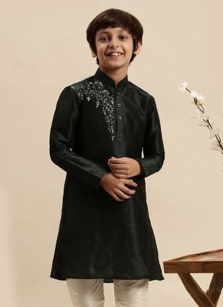 Embroidered Work Dupion Silk Kurta Pyjama In Black for Festival