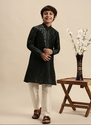 Embroidered Work Dupion Silk Kurta Pyjama In Black for Festival