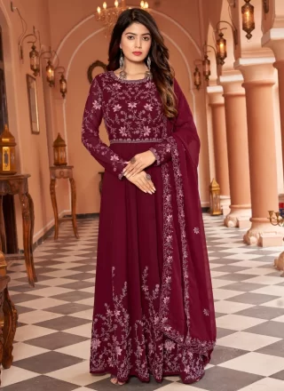 Embroidered Work Faux Georgette Anarkali Suit In Wine for Party