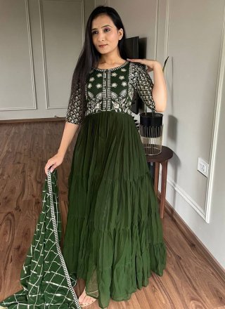 Embroidered Work Faux Georgette  Designer Gown In Green