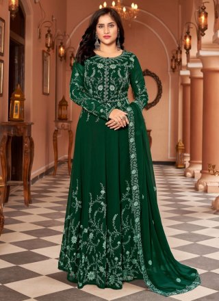 Embroidered Work Faux Georgette Floor Length Salwar Suit In Green