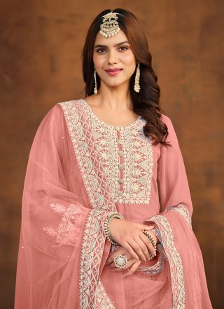 Embroidered Work Faux Georgette Palazzo Salwar Suit In Peach for Ceremonial