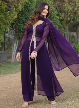 Embroidered Work Faux Georgette Salwar Suit In Purple