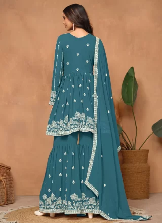 Embroidered Work Faux Georgette Salwar Suit In Teal