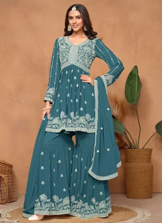 Embroidered Work Faux Georgette Salwar Suit In Teal