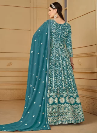 Embroidered Work Faux Georgette Salwar Suit In Turquoise for Party