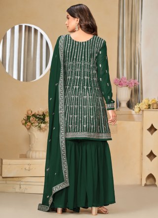 Embroidered Work Faux Georgette Trendy Suit In Green