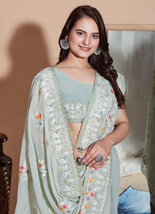 Embroidered Work Georgette Classic Sari In Green