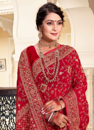 Embroidered Work Georgette Contemporary Sari In Red