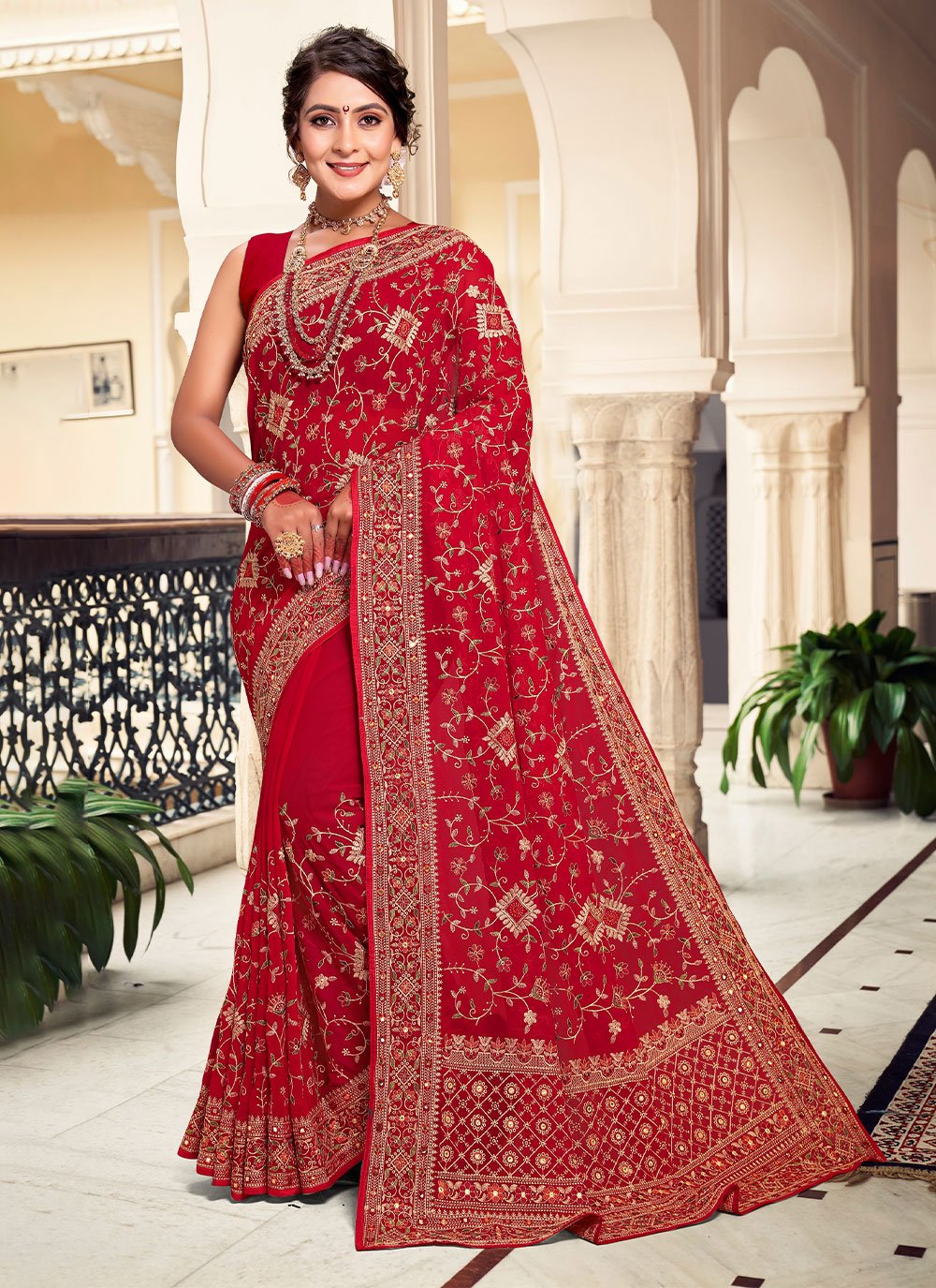 Red Georgette Saree With Embroidered Heavy Blouse