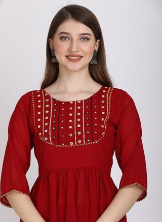Embroidered Work Georgette Designer Kurti In Red for Festival