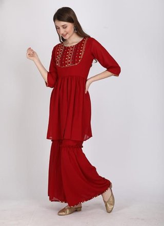 Embroidered Work Georgette Designer Kurti In Red for Festival